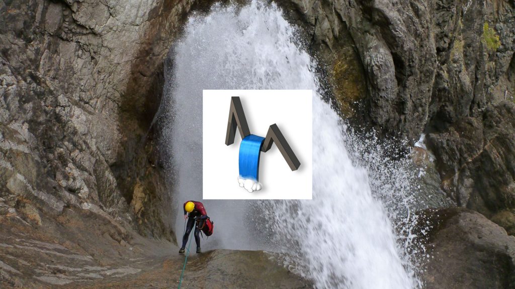 The Dutch Canyoning Bond logo and a canyoner rappelling in an extreme waterfall, full of white water